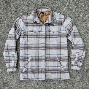 Patagonia Insulated Fjord Flannel Jacket Tan Plaid Shirt Women's XS Extra Small